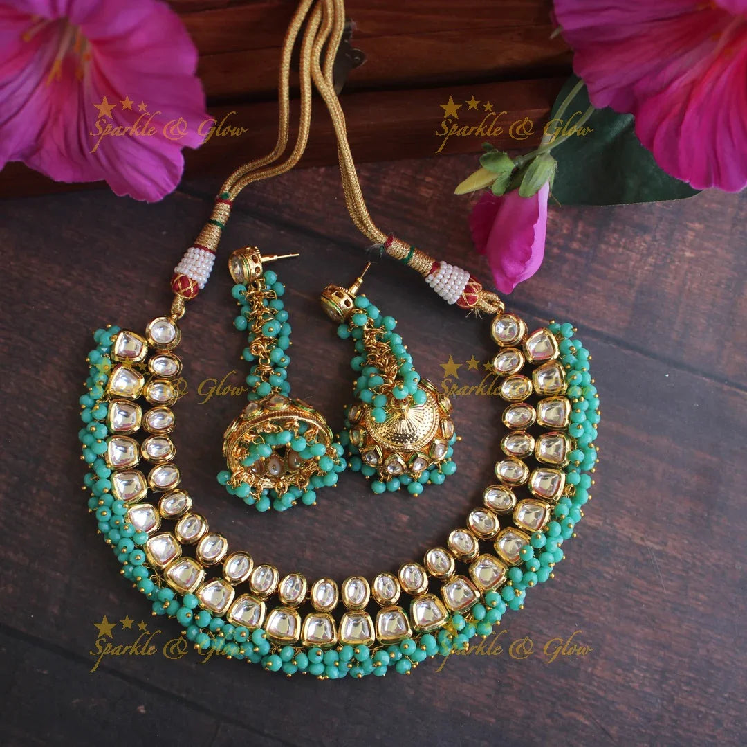 Gold finish Kundan statement necklace - Turquoise blue - Sparkle and Glow