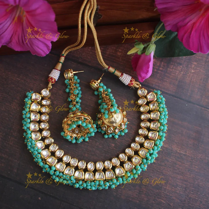 Gold finish Kundan statement necklace - Turquoise blue - Sparkle and Glow