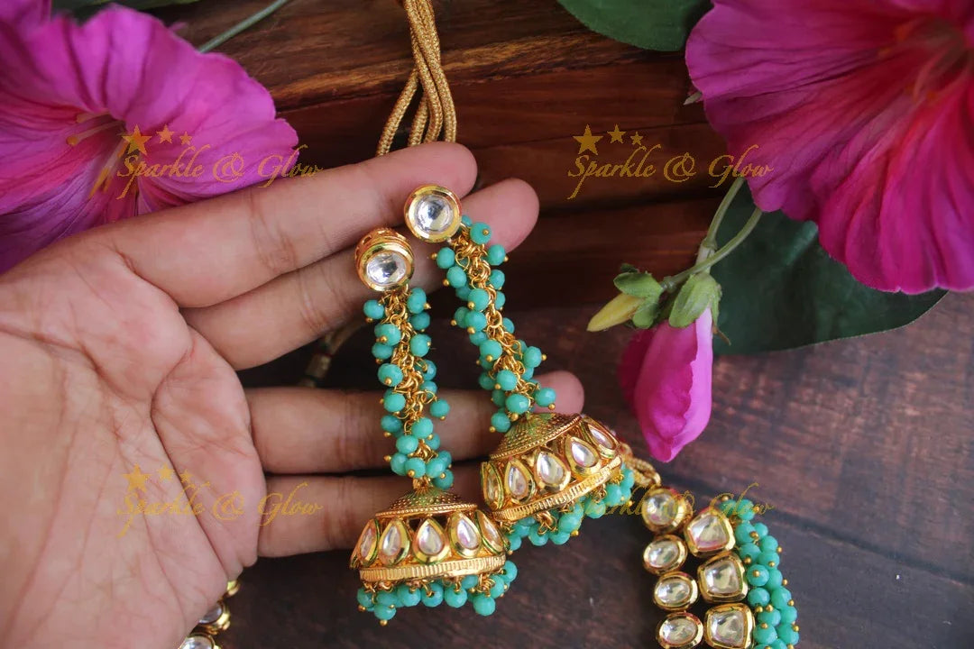 Gold finish Kundan statement necklace - Turquoise blue - Sparkle and Glow