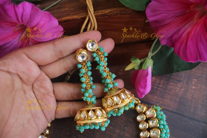 Gold finish Kundan statement necklace - Turquoise blue - Sparkle and Glow
