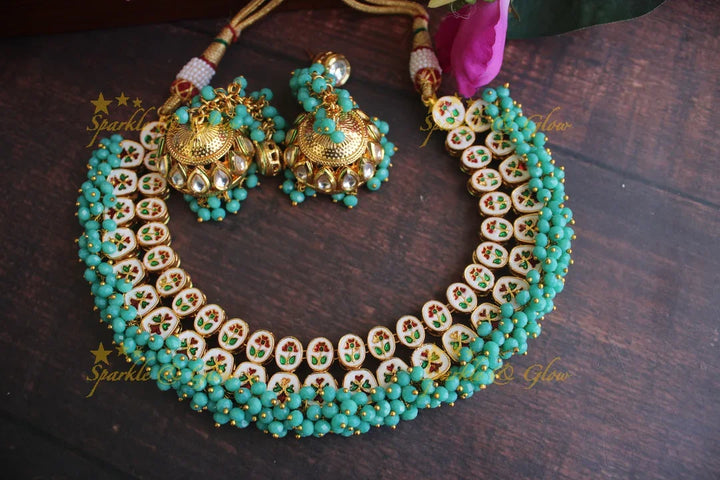 Gold finish Kundan statement necklace - Turquoise blue - Sparkle and Glow