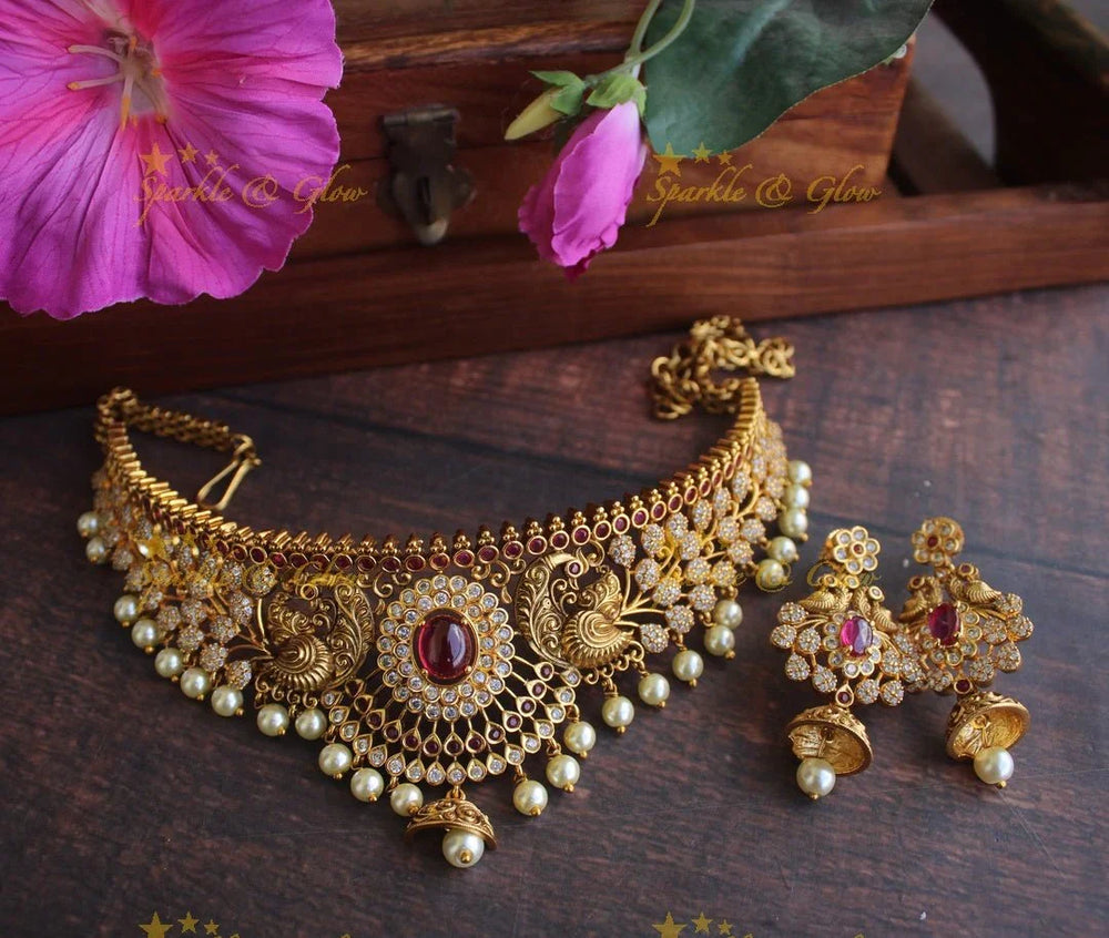 Gold alike Antique polished CZ Stone peacock choker - Coral - Sparkle and Glow