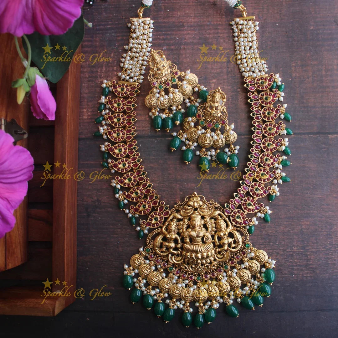 Glittering lakshmi carved mango lakshmi coin long necklace - White Pearl Green - Sparkle and Glow