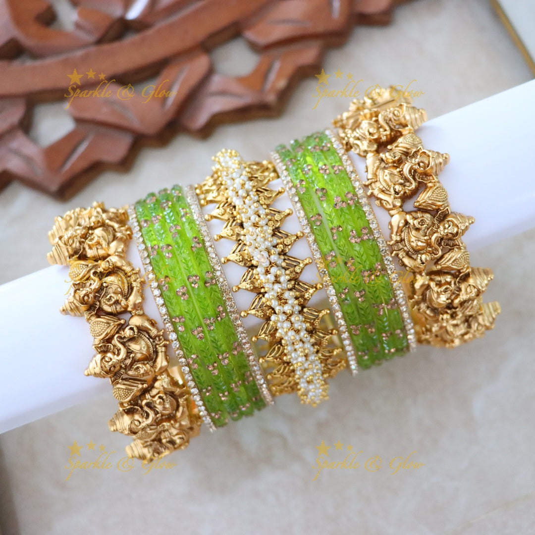 Luxurious Ganesha Bridal Bangle Set with Pearls & Green