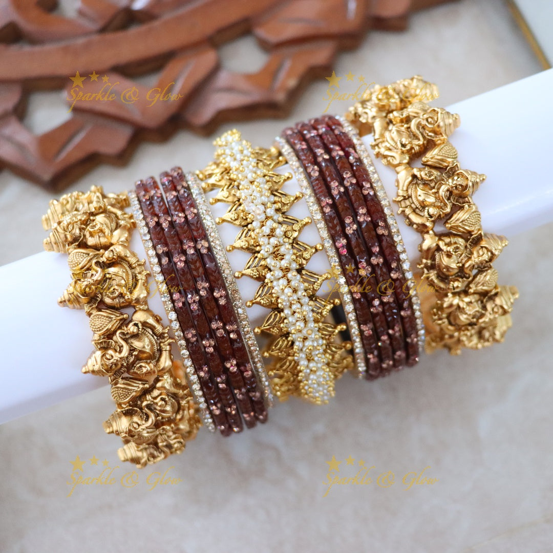 Luxurious Ganesha Bridal Bangle Set with Pearls & Green