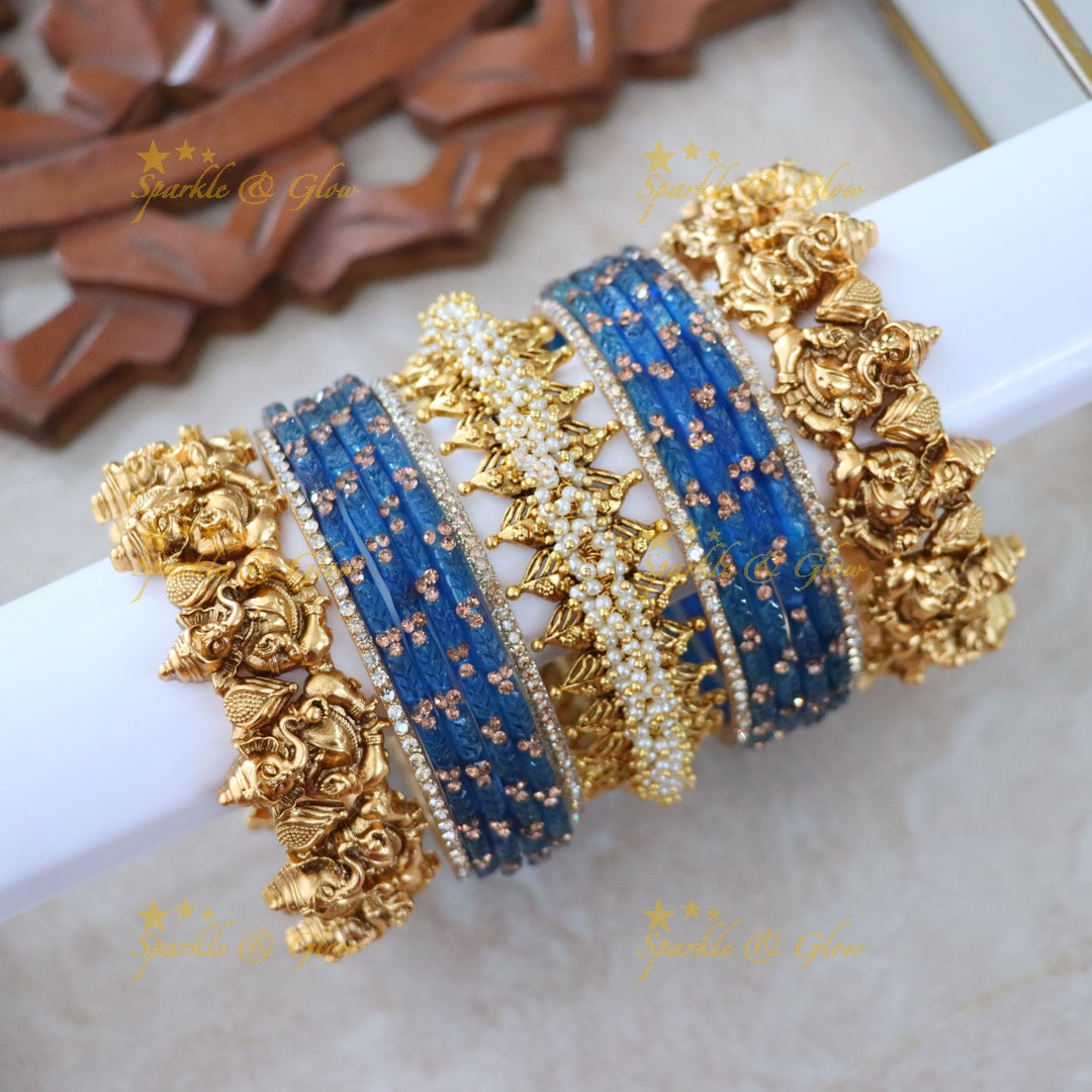 Luxurious Ganesha Bridal Bangle Set with Pearls & Green