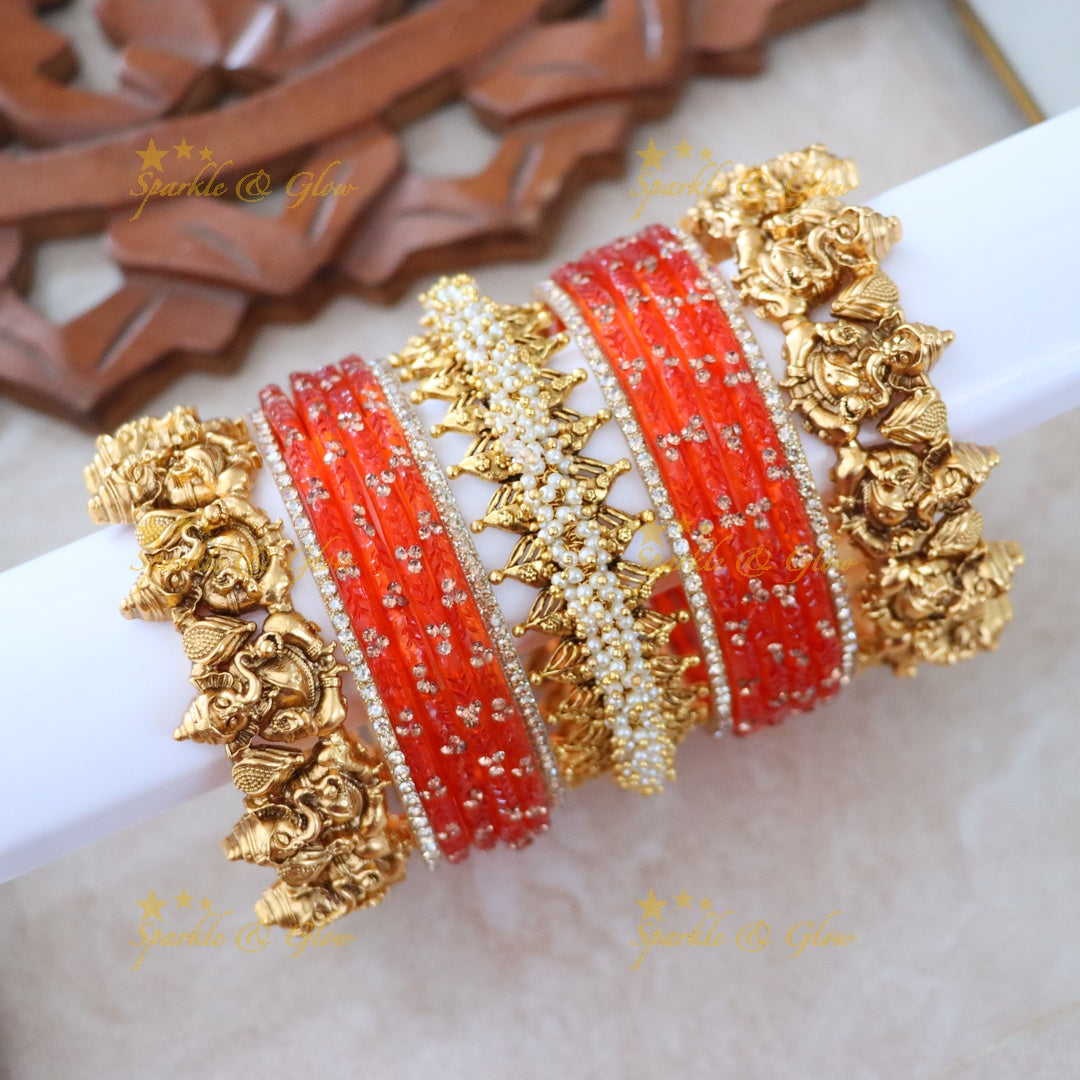 Luxurious Ganesha Bridal Bangle Set with Pearls & Green