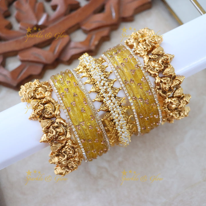 Luxurious Ganesha Bridal Bangle Set with Pearls & Green