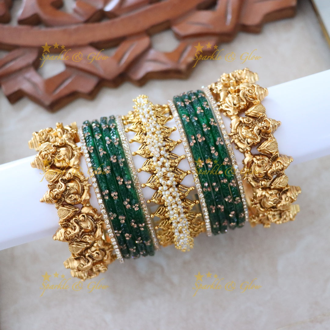 Luxurious Ganesha Bridal Bangle Set with Pearls & Green