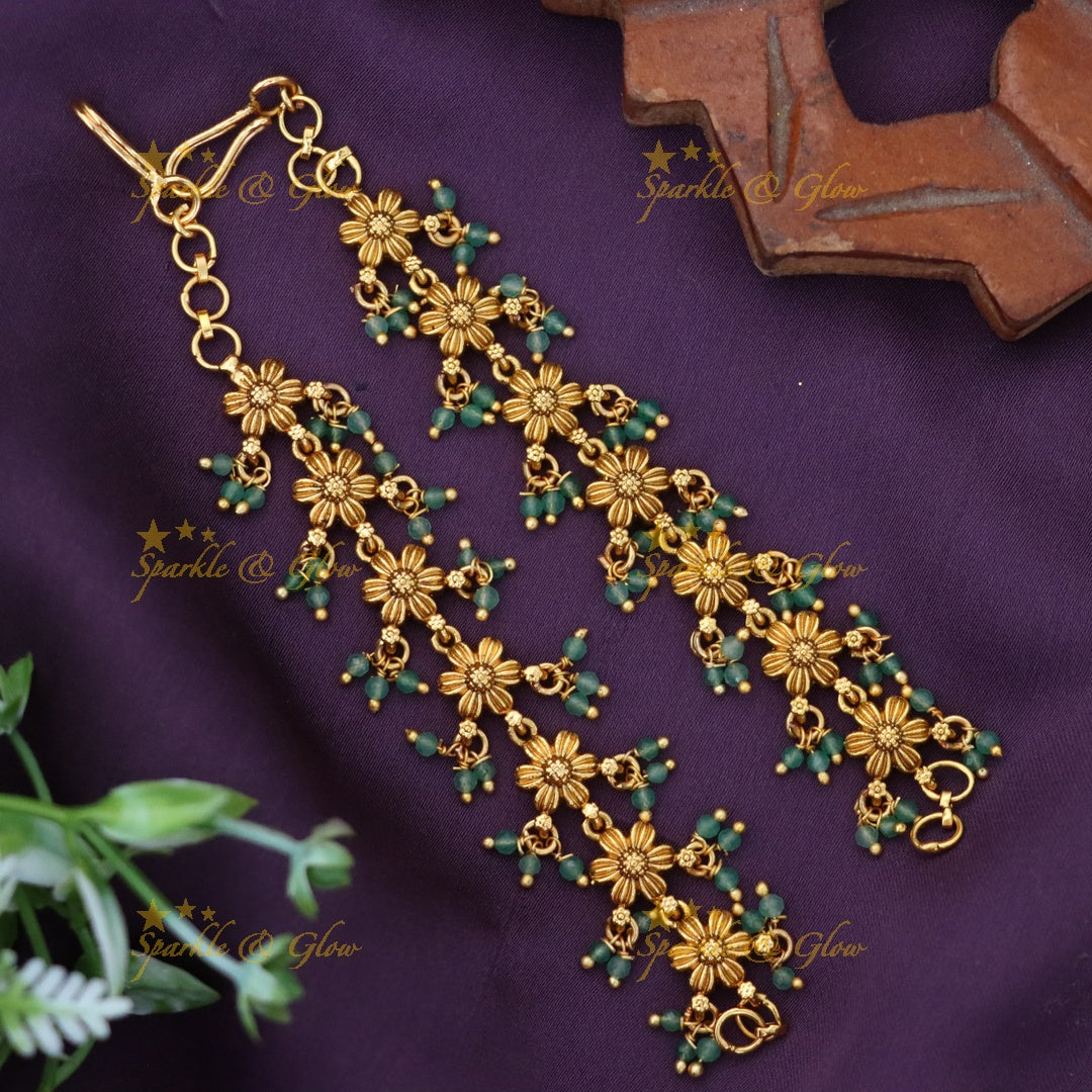 Elegant Gold Floral Ear Chain with Green Beads
