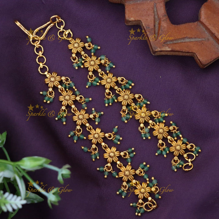 Elegant Gold Floral Ear Chain with Green Beads
