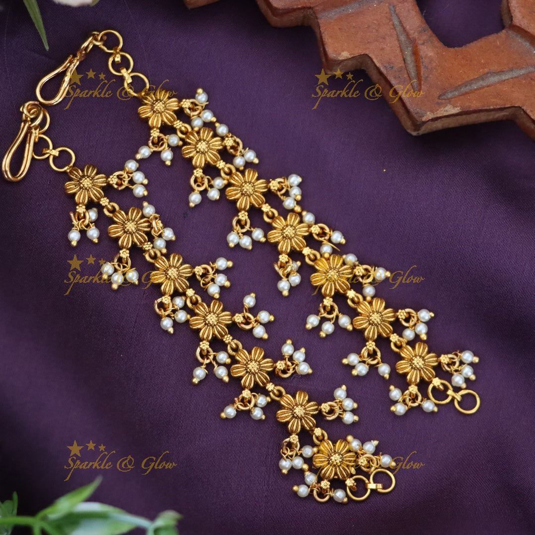 Elegant Gold Floral Ear Chain with Green Beads