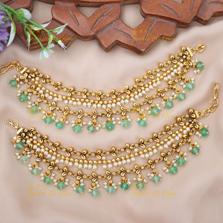 Exquisite Gold & Green Bead Earchain for Weddings