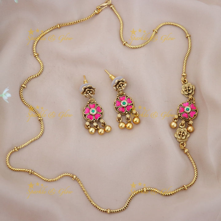Elegant Gold Mop Chain Necklace & Pink Earrings
