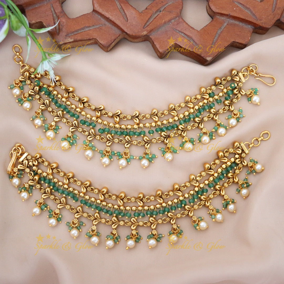 Exquisite Gold & Green Bead Earchain for Weddings