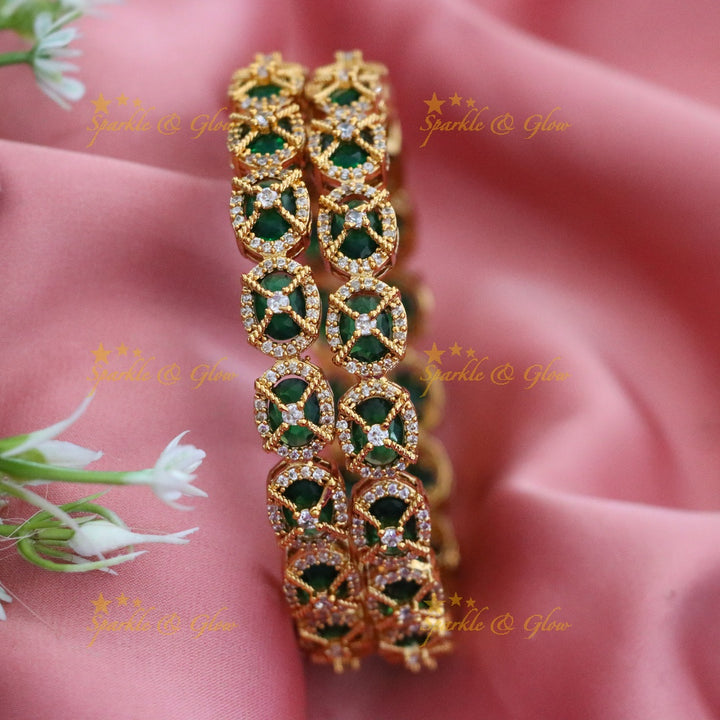 Gold-Plated Green Gemstone Bangles for Festive Elegance