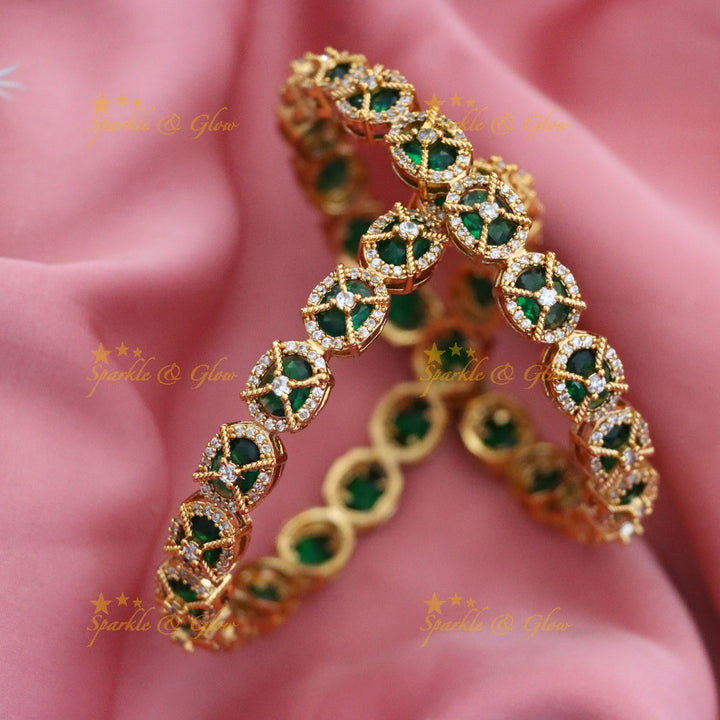 Gold-Plated Green Gemstone Bangles for Festive Elegance