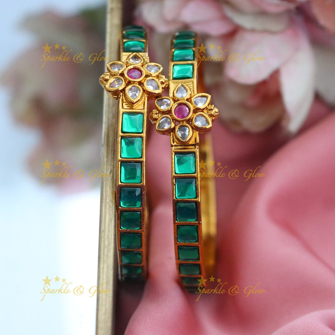 Exquisite Gold-Plated Floral Green Bangles