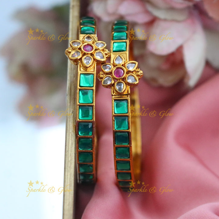 Exquisite Gold-Plated Floral Green Bangles