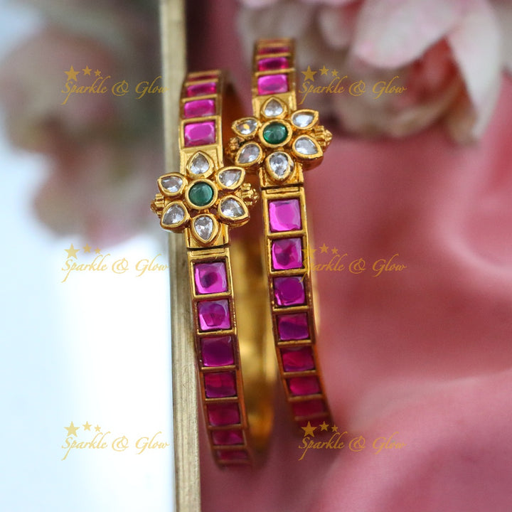 Exquisite Gold-Plated Floral Green Bangles