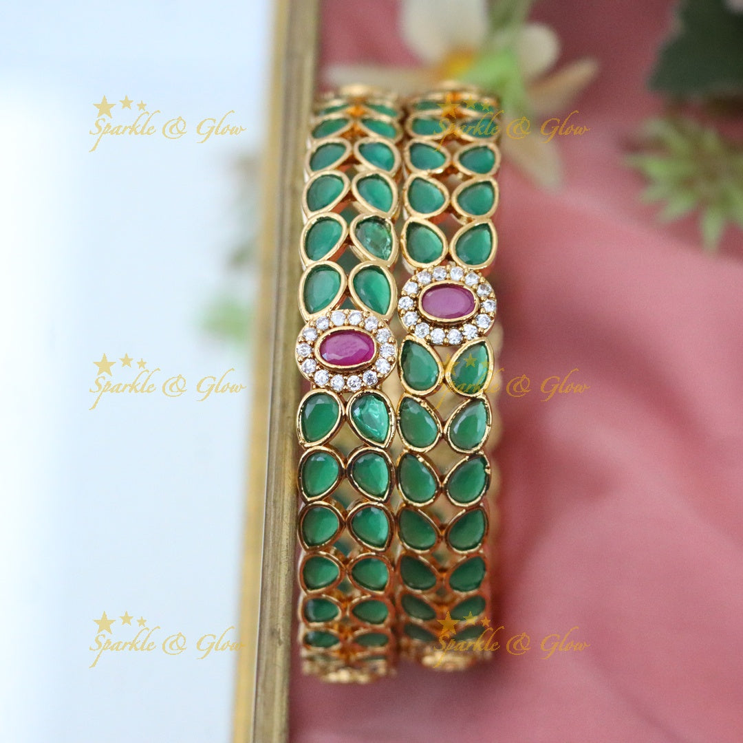Elegant Gold-Plated Green Bangles | Sparkle & Glow