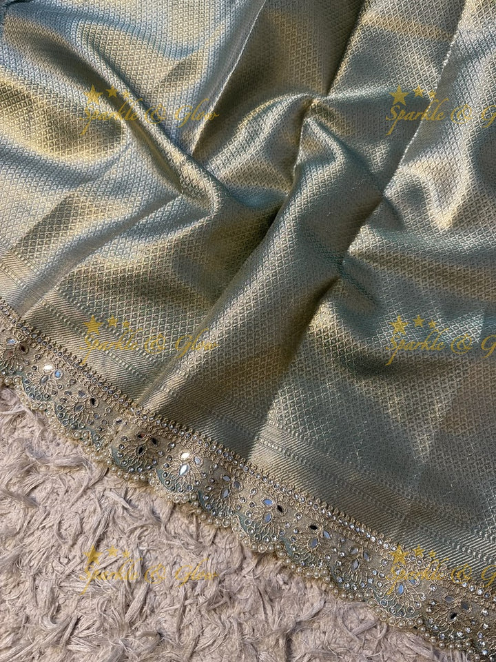 Heavy Pearls,Mirror Lace hand work border Exquisite floral jaai weaving design showacasing the rich weaving tradition of Banarasi