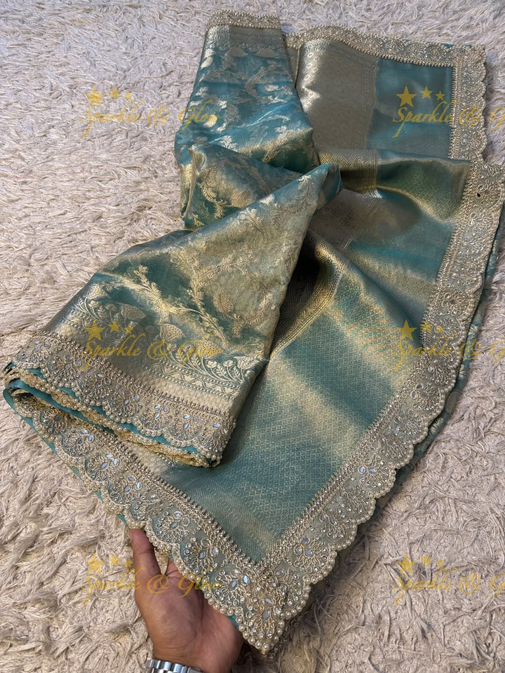 Heavy Pearls,Mirror Lace hand work border Exquisite floral jaai weaving design showacasing the rich weaving tradition of Banarasi