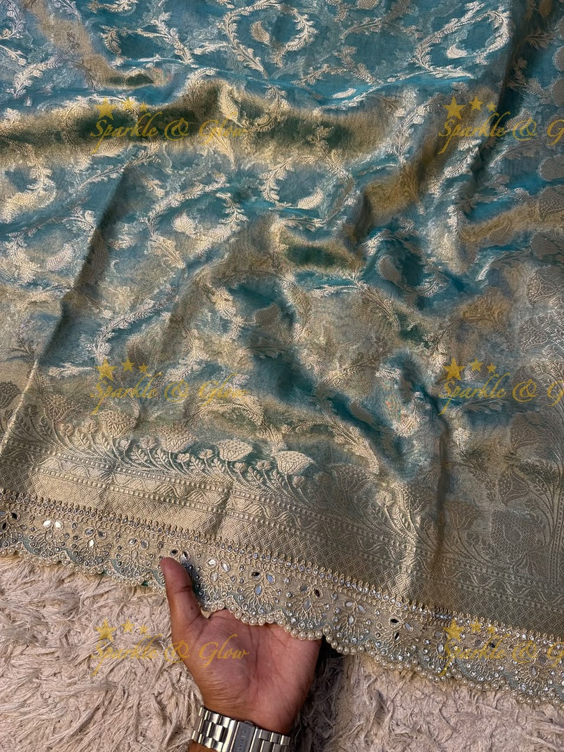 Heavy Pearls,Mirror Lace hand work border Exquisite floral jaai weaving design showacasing the rich weaving tradition of Banarasi