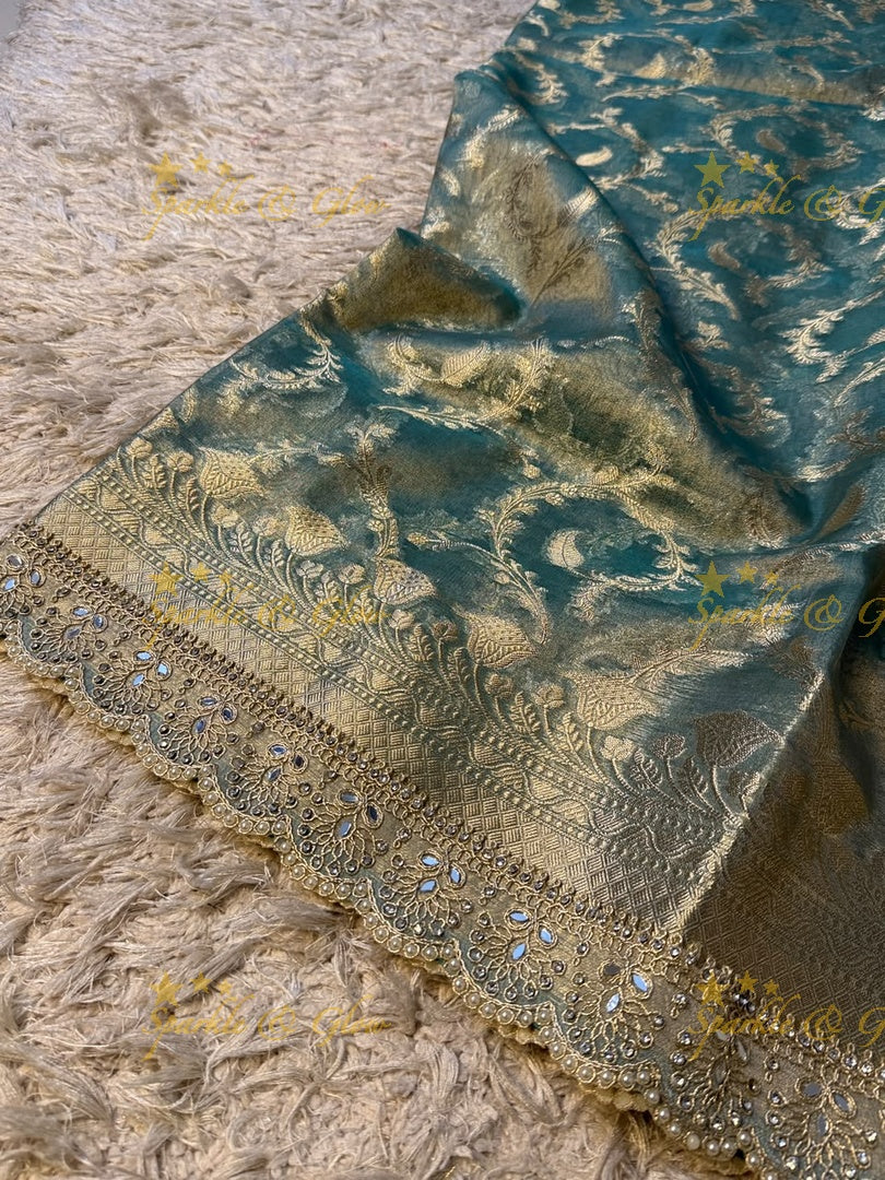 Heavy Pearls,Mirror Lace hand work border Exquisite floral jaai weaving design showacasing the rich weaving tradition of Banarasi