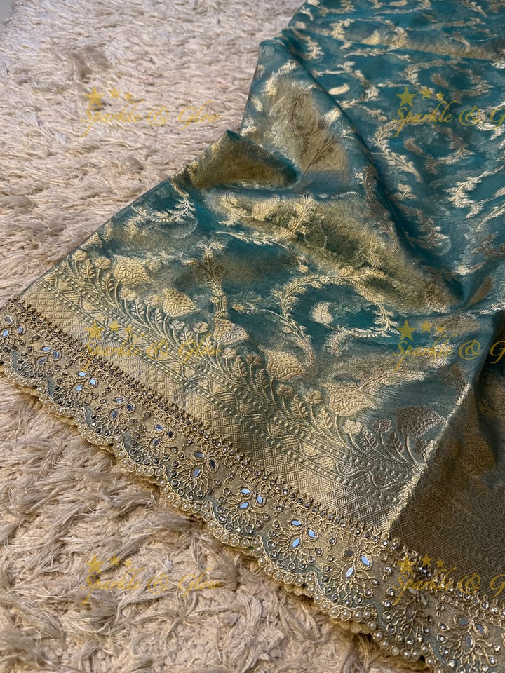 Heavy Pearls,Mirror Lace hand work border Exquisite floral jaai weaving design showacasing the rich weaving tradition of Banarasi
