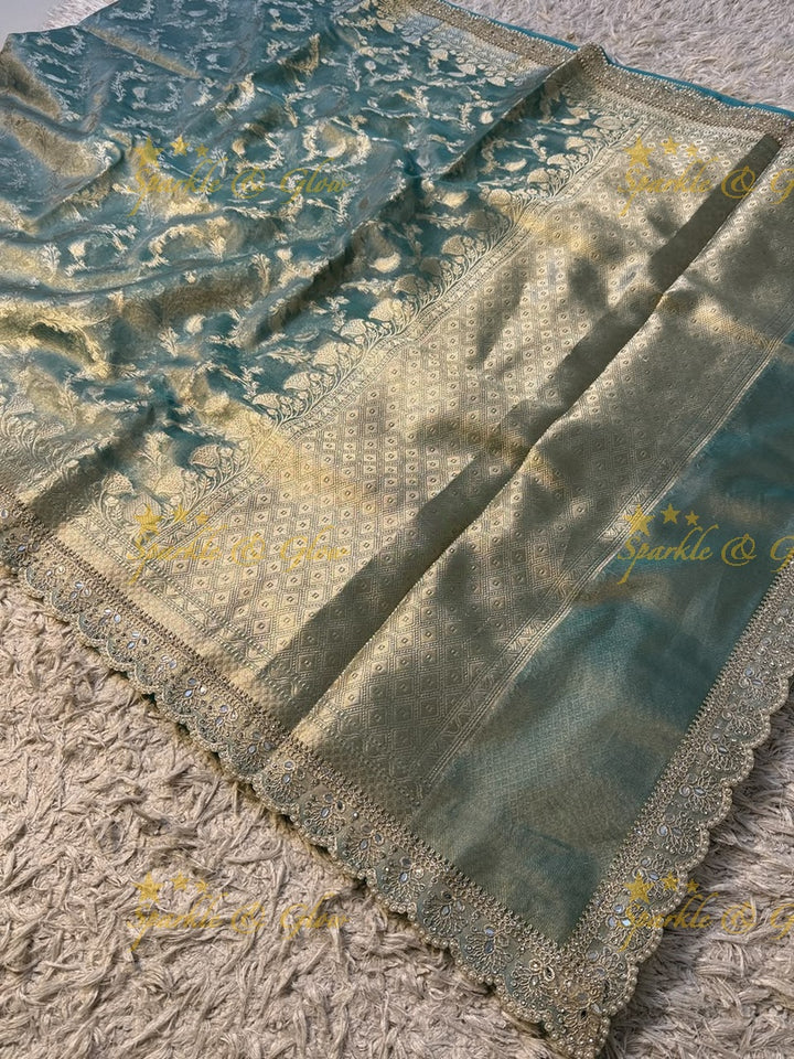 Heavy Pearls,Mirror Lace hand work border Exquisite floral jaai weaving design showacasing the rich weaving tradition of Banarasi