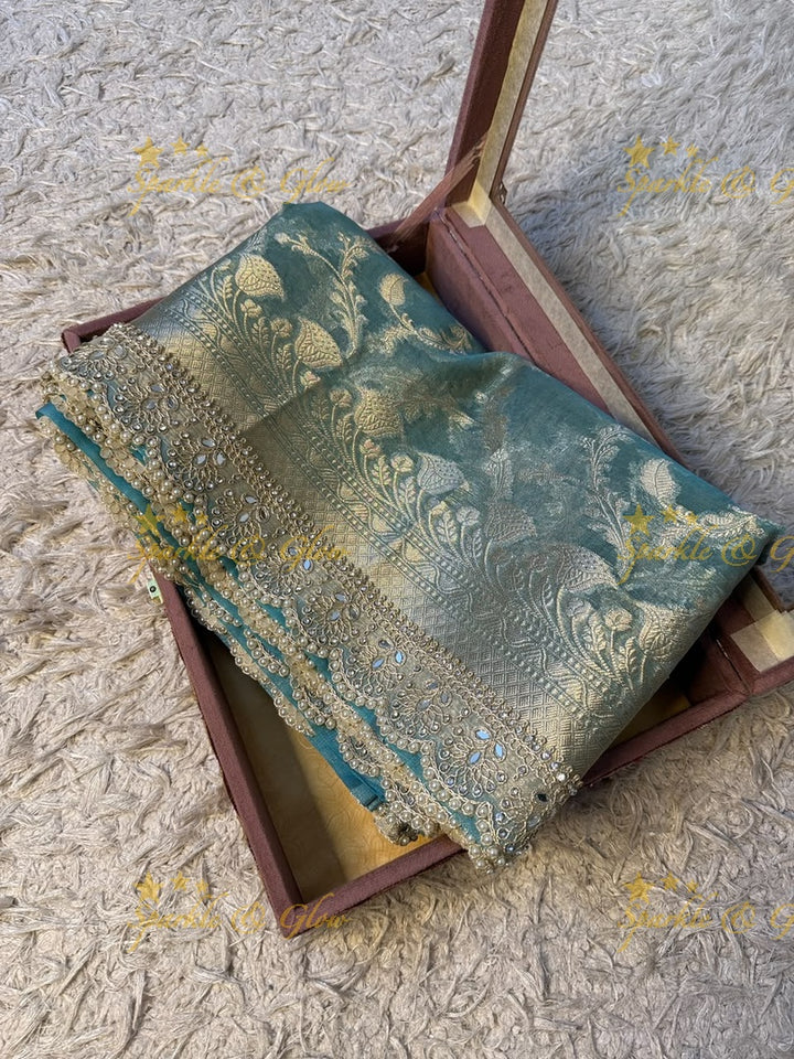 Heavy Pearls,Mirror Lace hand work border Exquisite floral jaai weaving design showacasing the rich weaving tradition of Banarasi
