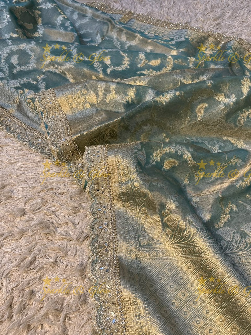Heavy Pearls,Mirror Lace hand work border Exquisite floral jaai weaving design showacasing the rich weaving tradition of Banarasi