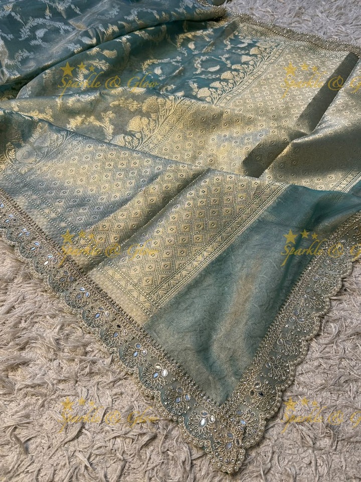 Heavy Pearls,Mirror Lace hand work border Exquisite floral jaai weaving design showacasing the rich weaving tradition of Banarasi