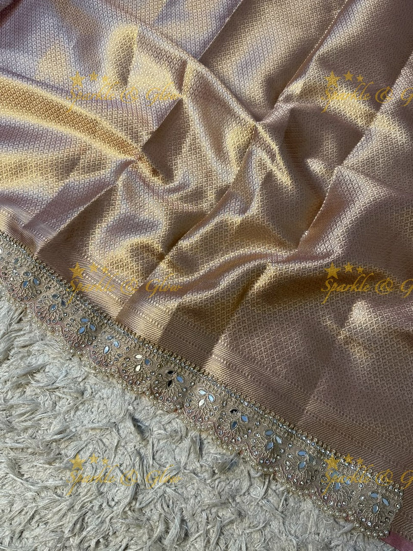 Heavy Pearls,Mirror Lace hand work border Exquisite floral jaai weaving design showacasing the rich weaving tradition of Banarasi