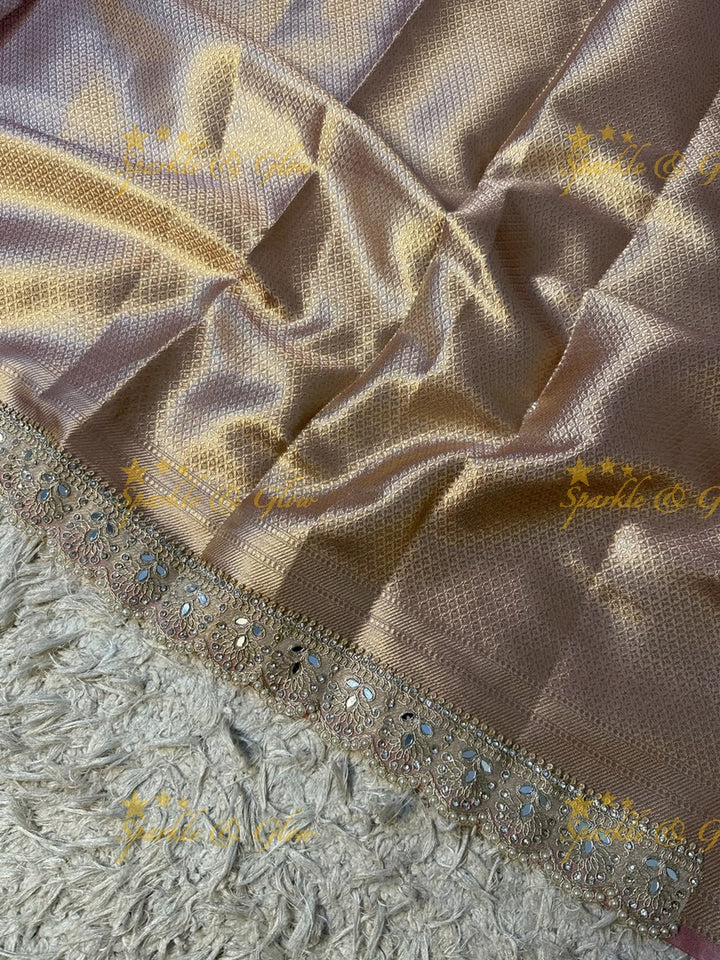 Heavy Pearls,Mirror Lace hand work border Exquisite floral jaai weaving design showacasing the rich weaving tradition of Banarasi