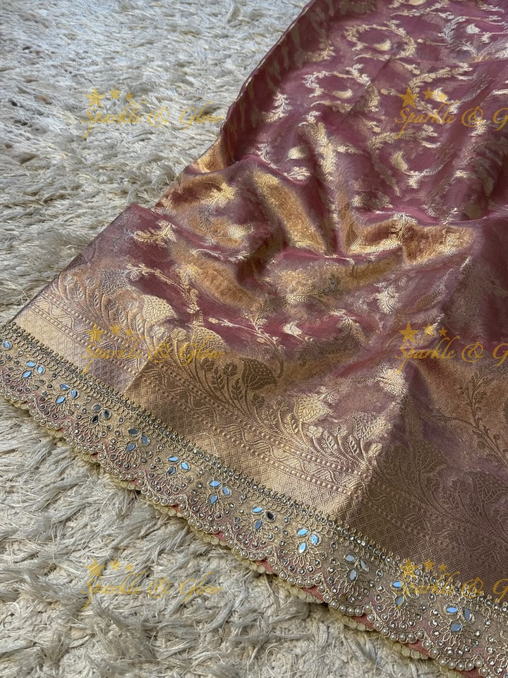 Heavy Pearls,Mirror Lace hand work border Exquisite floral jaai weaving design showacasing the rich weaving tradition of Banarasi