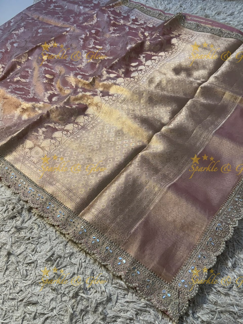 Heavy Pearls,Mirror Lace hand work border Exquisite floral jaai weaving design showacasing the rich weaving tradition of Banarasi