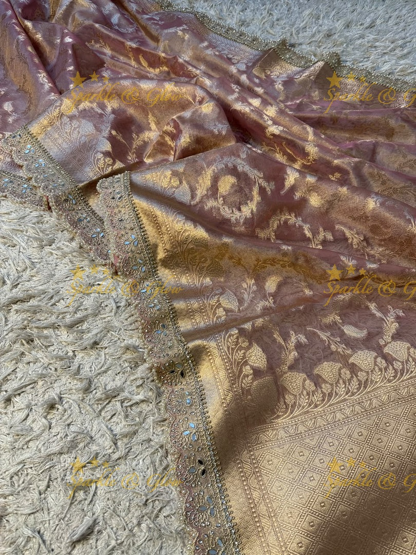 Heavy Pearls,Mirror Lace hand work border Exquisite floral jaai weaving design showacasing the rich weaving tradition of Banarasi