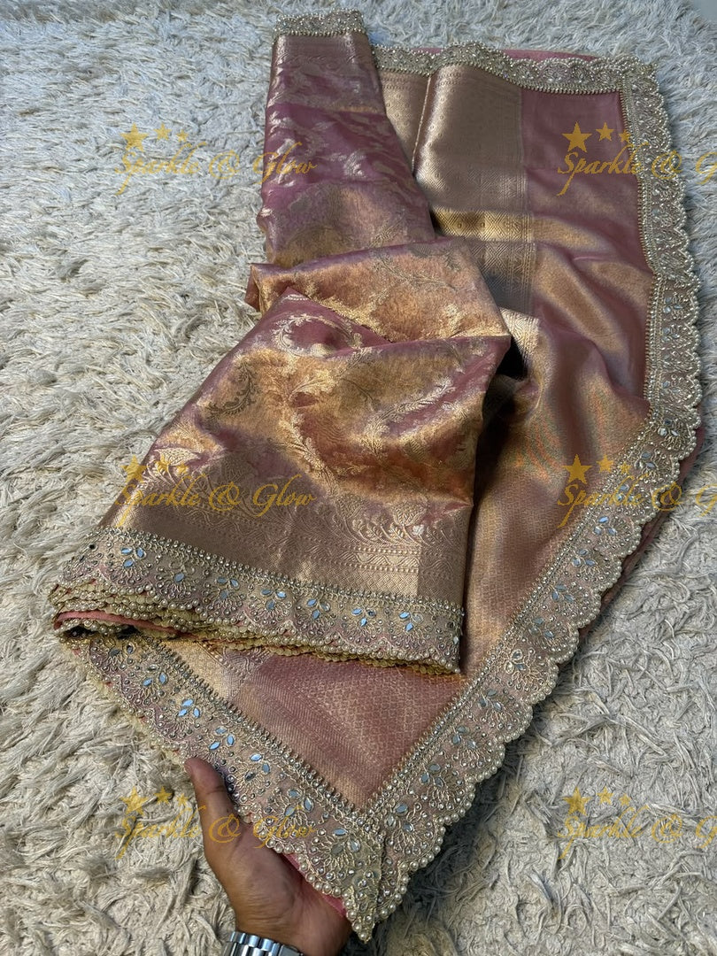 Heavy Pearls,Mirror Lace hand work border Exquisite floral jaai weaving design showacasing the rich weaving tradition of Banarasi