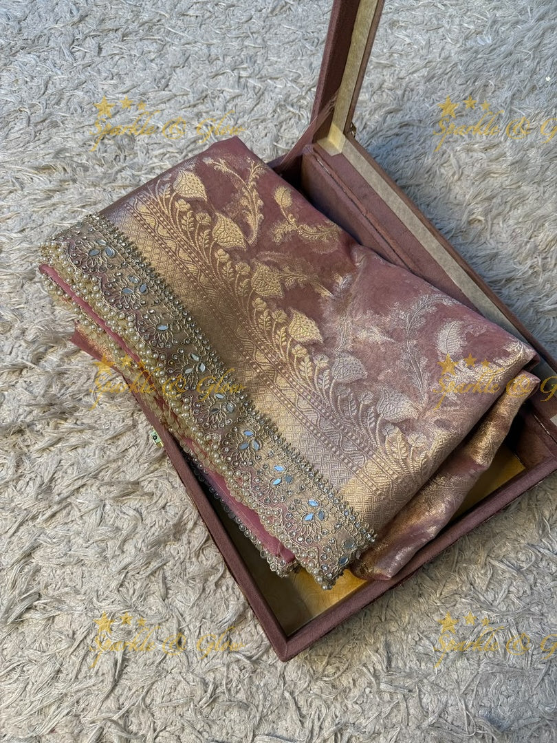 Heavy Pearls,Mirror Lace hand work border Exquisite floral jaai weaving design showacasing the rich weaving tradition of Banarasi