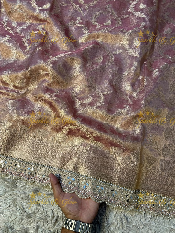 Heavy Pearls,Mirror Lace hand work border Exquisite floral jaai weaving design showacasing the rich weaving tradition of Banarasi