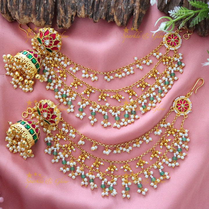 Elegant Kundan Lotus Jhumkas with Earchains