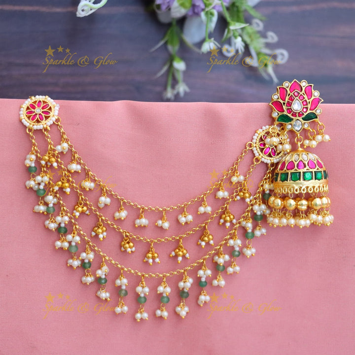 Elegant Kundan Lotus Jhumkas with Earchains