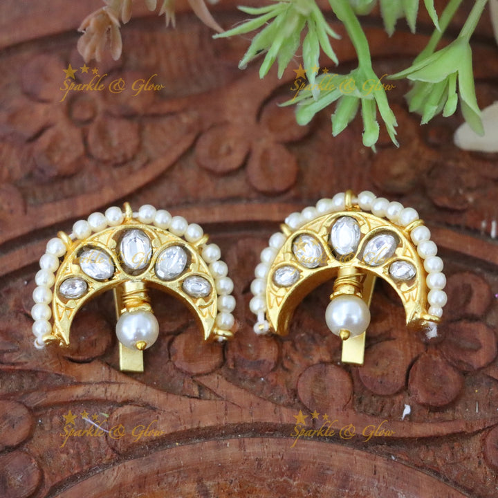 Crescent Jadau Kundan Bugadi Earrings with Pearls