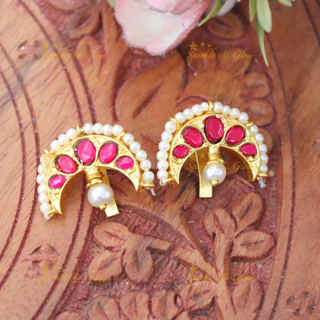 Crescent Jadau Kundan Bugadi Earrings with Pearls