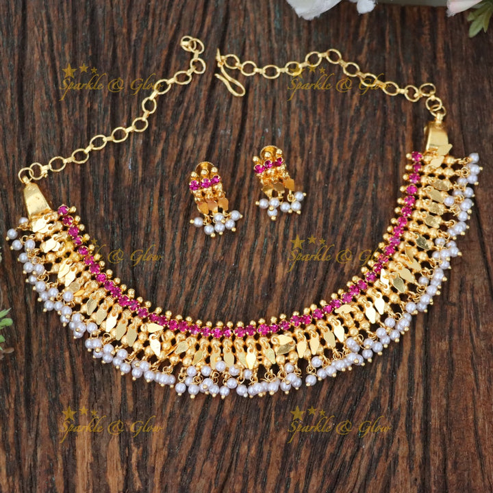 Elegant Gold Choker Necklace Set with Pearls & Stones