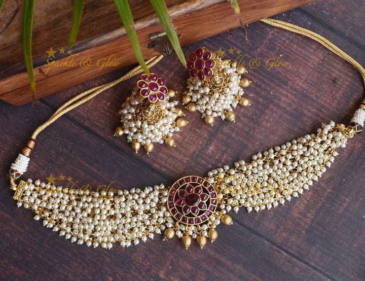 Elegant Gold high neck choker with kemp stones pendent -Green White - Sparkle and Glow