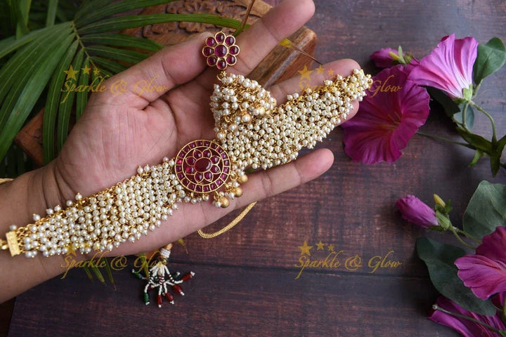 Elegant Gold high neck choker with kemp stones pendent -Green White - Sparkle and Glow