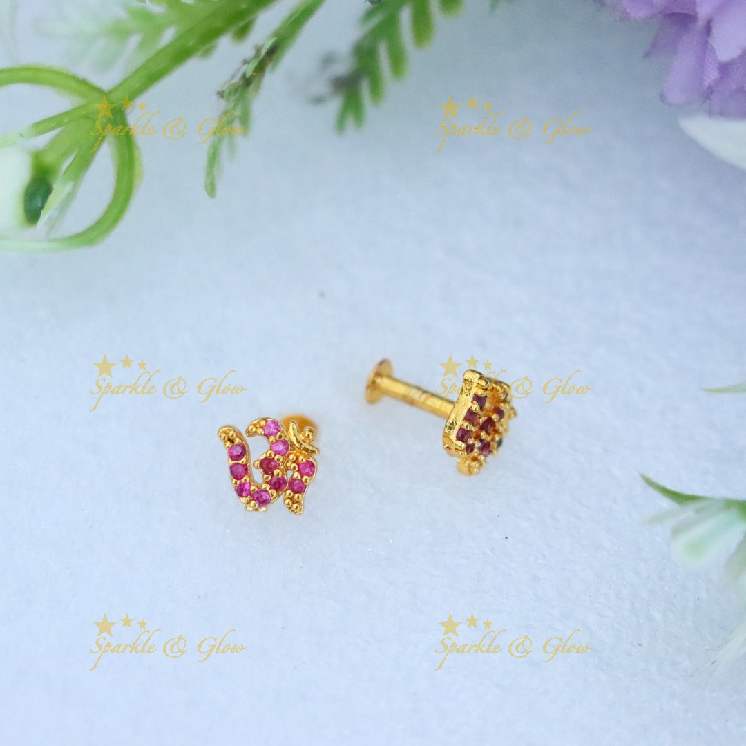 Gold Om Stud Earrings with Ruby Stones - Festive Elegance